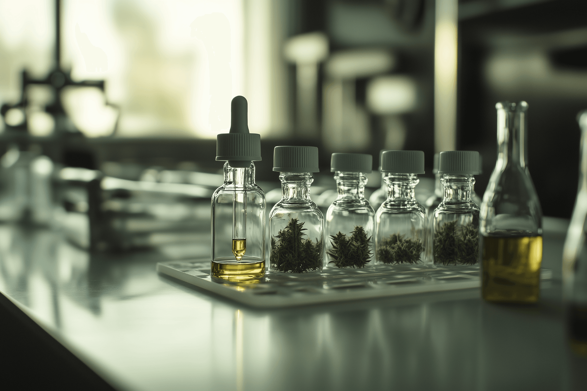 Frascos com terpenos de cannabis e extratos em laboratório, destacando sua importância para saúde e bem-estar.
