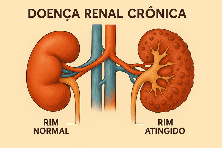 Imagem apresenta uma comparação anatômica entre um rim saudável e um rim acometido por Doença Renal Crônica