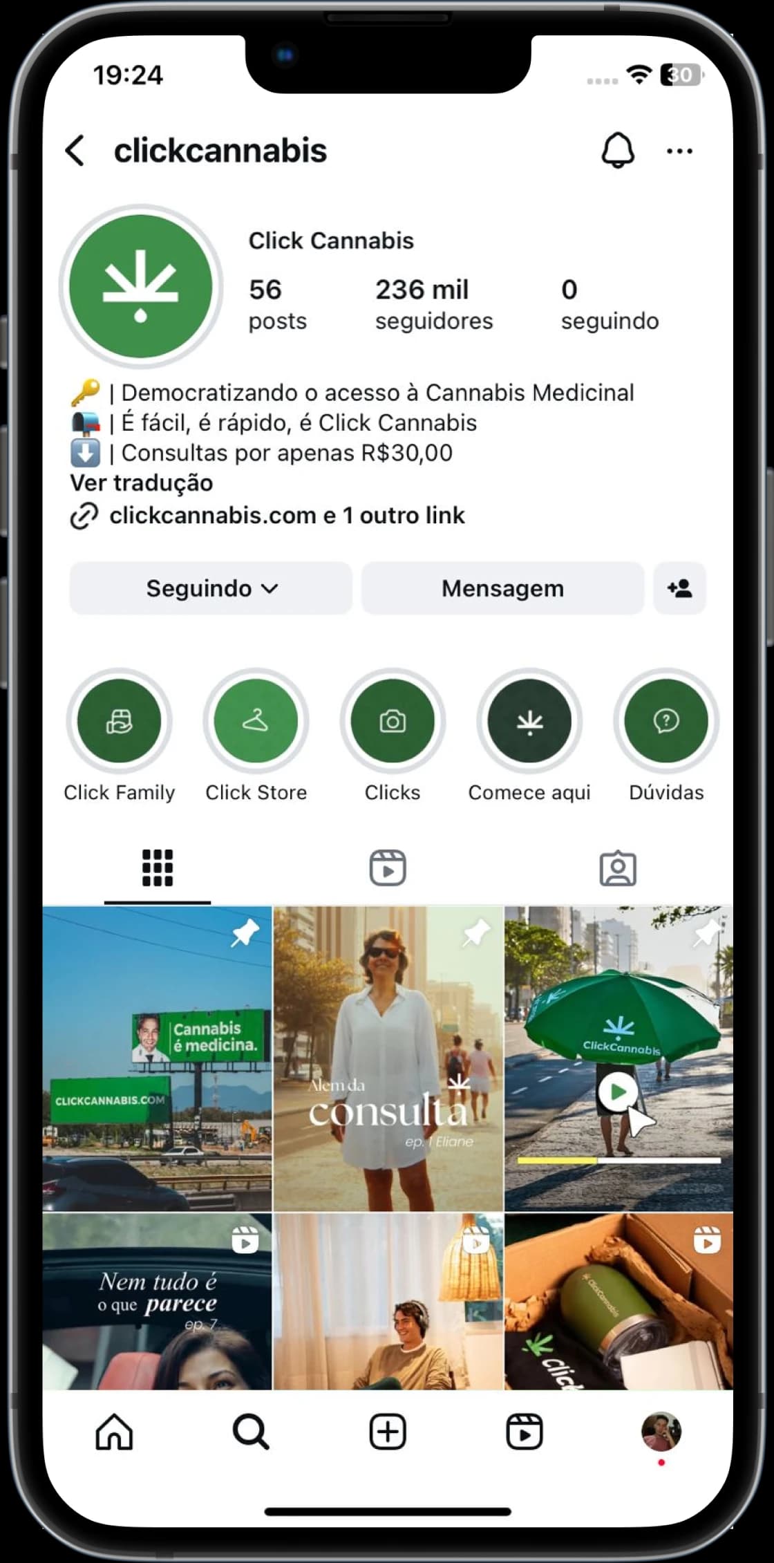 Iphone com o Instagram da Click Cannabis