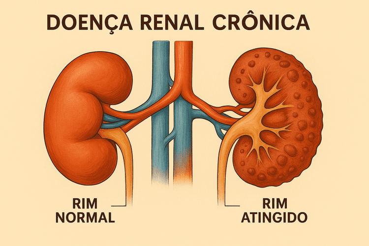 Imagem apresenta uma comparação anatômica entre um rim saudável e um rim acometido por Doença Renal Crônica