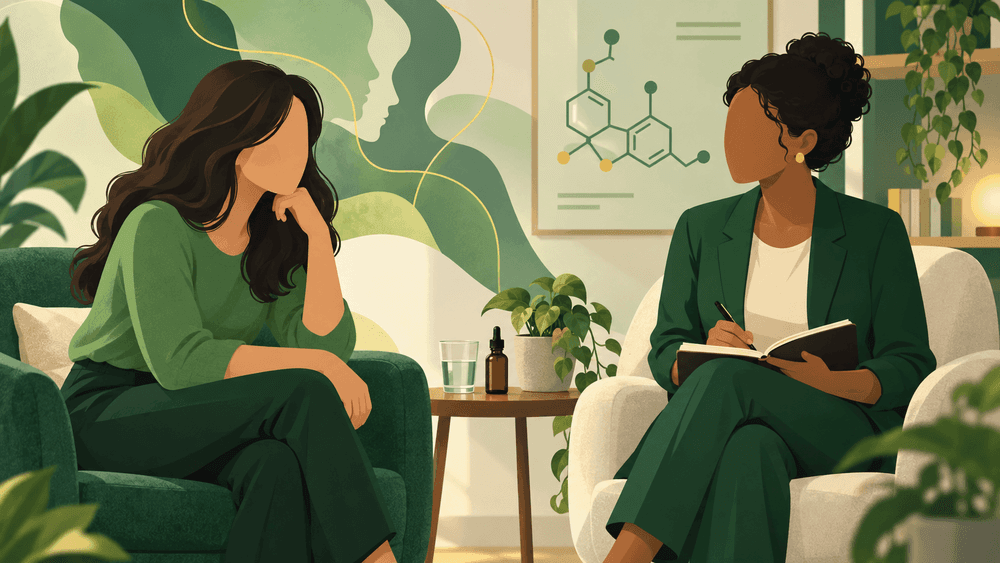 Ilustração sobre CBD, borderline e acompanhamento profissional.