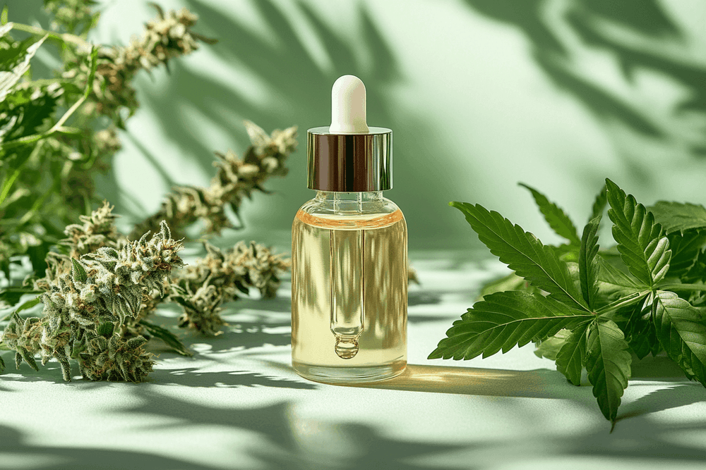 Imagem de um frasco de óleo de cannabis medicinal com conta-gotas, rodeado por folhas e flores de cannabis frescas. A composição apresenta um fundo verde suave, enfatizando a naturalidade e os benefícios terapêuticos do produto.
