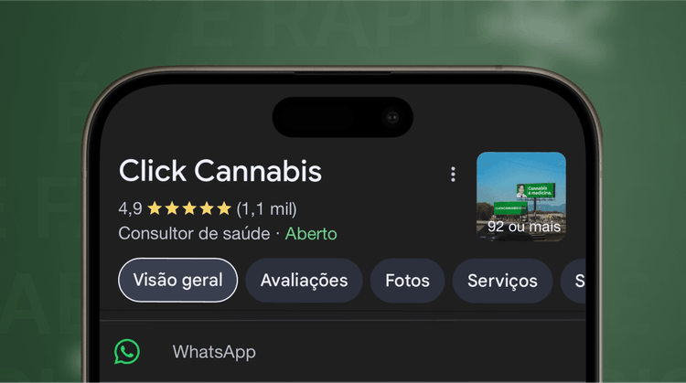 Captura de tela do Google mostrando a reputação da Click Cannabis com mais de 1.100 avaliações e uma nota de 4,9 estrelas, destacando a confiabilidade da plataforma.