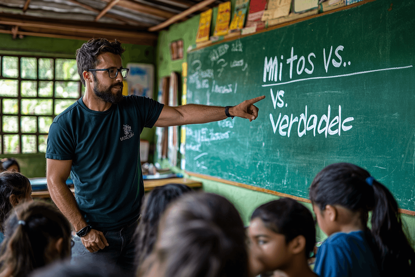 Homem ensinando sobre mitos e verdades, em um ambiente escolar, ilustrando a importância de esclarecer informações sobre cannabis medicinal