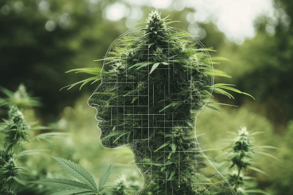 Silhueta humana formada por flores de cannabis em fundo verde, simbolizando o papel do sistema endocanabinoide no bem-estar.