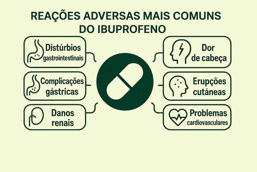 Infográfico das reações adversas do uso contínuo do ibuprofeno