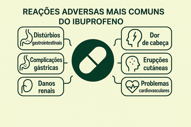 Infográfico das reações adversas do uso contínuo do medicamento ibuprofeno