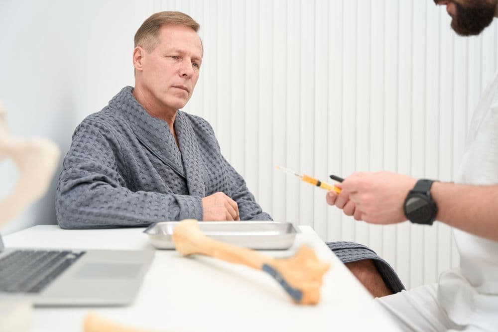 Homem de meia-idade em consulta médica observando profissional com seringa, representando tratamento para saúde masculina.