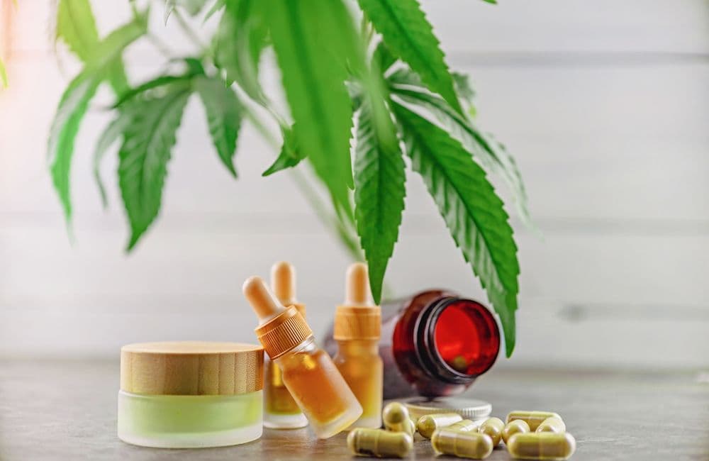 Produtos de cannabis medicinal com óleos, cápsulas e creme ao lado de folhas de cannabis.