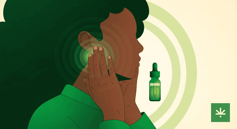 Ilustração editorial mostrando pessoa tocando a região da mandíbula com expressão de alívio, paleta verde monocromática, frasco de óleo CBD