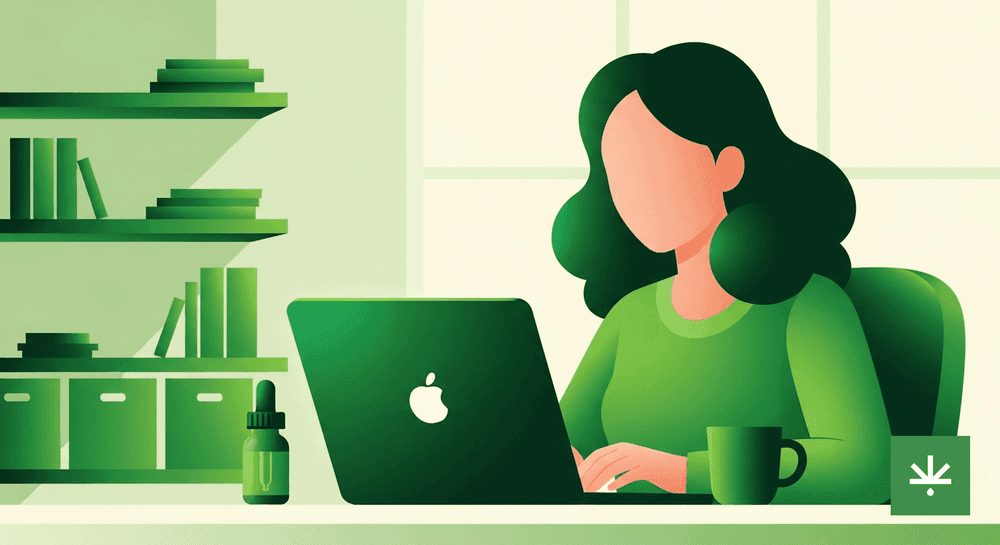 Ilustração editorial mostrando mulher trabalhando em escritório com frasco de óleo CBD na mesa, paleta verde monocromática