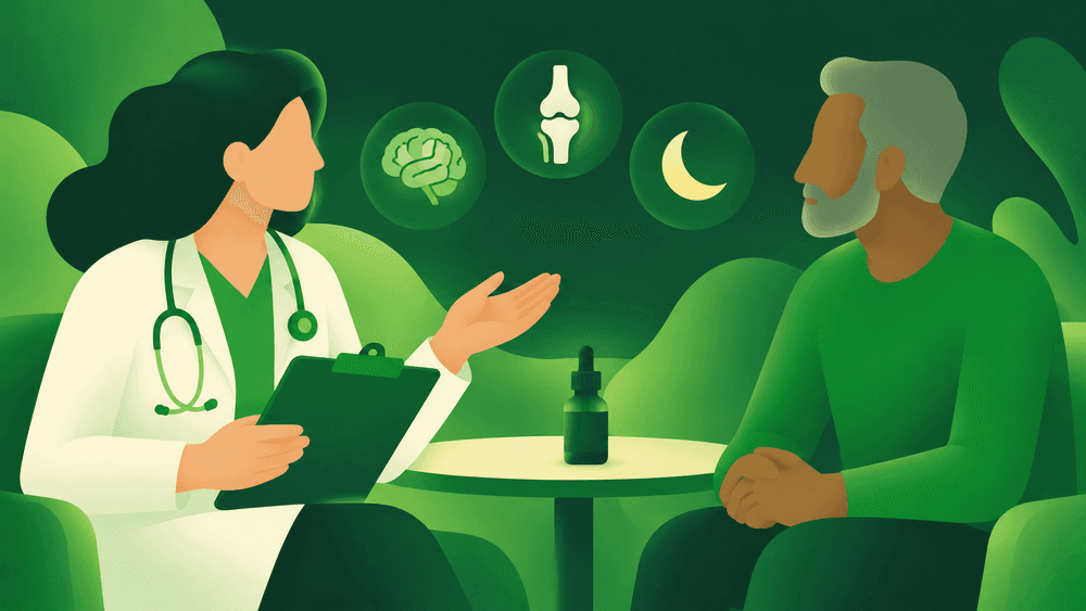 Ilustração de médica conversando com paciente, com frasco de óleo sobre a mesa e símbolos de cérebro, articulação e sono ao fundo.
