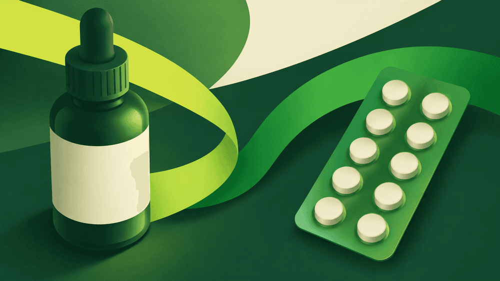 Ilustração editorial sobre canabidiol e sertralina.