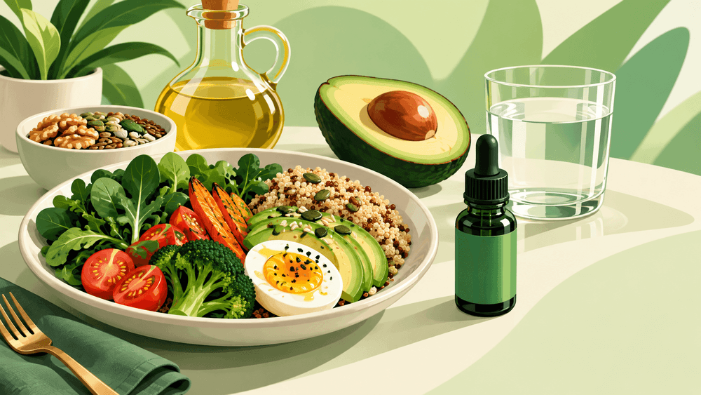 Ilustração de refeição com vegetais, grãos e ovo, acompanhada de abacate, azeite, castanhas, água e frasco de óleo medicinal.