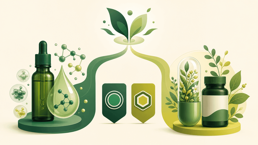 Ilustração comparando Produto de Cannabis e Medicamento Fitoterápico como categorias regulatórias distintas