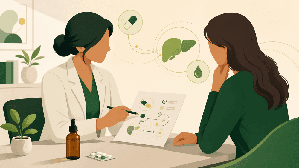 Médica e paciente avaliam o uso de CBD com outros medicamentos, com representação do metabolismo hepático.