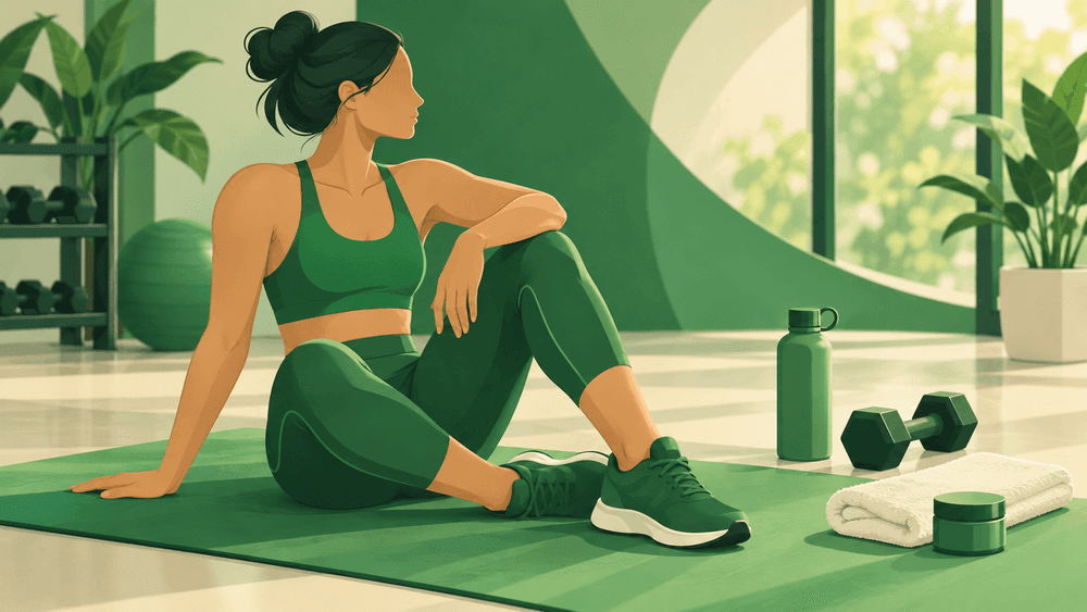 Atleta sentada em um colchonete descansando após o treino, com halter, garrafa de água e toalha ao lado.