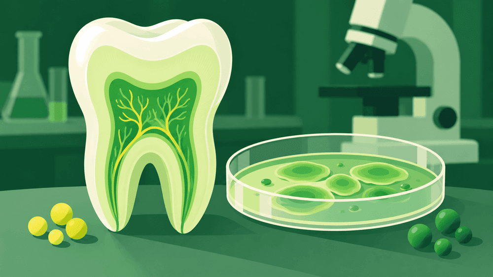 Ilustração de dente em corte ao lado de cultura celular e microscópio, representando pesquisa em células da polpa dentária.