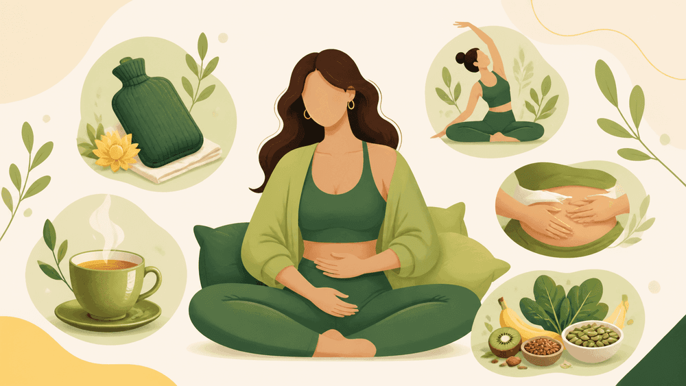 Ilustração de mulher em posição confortável com bolsa térmica, chá, alongamento, massagem e alimentos naturais ao redor.