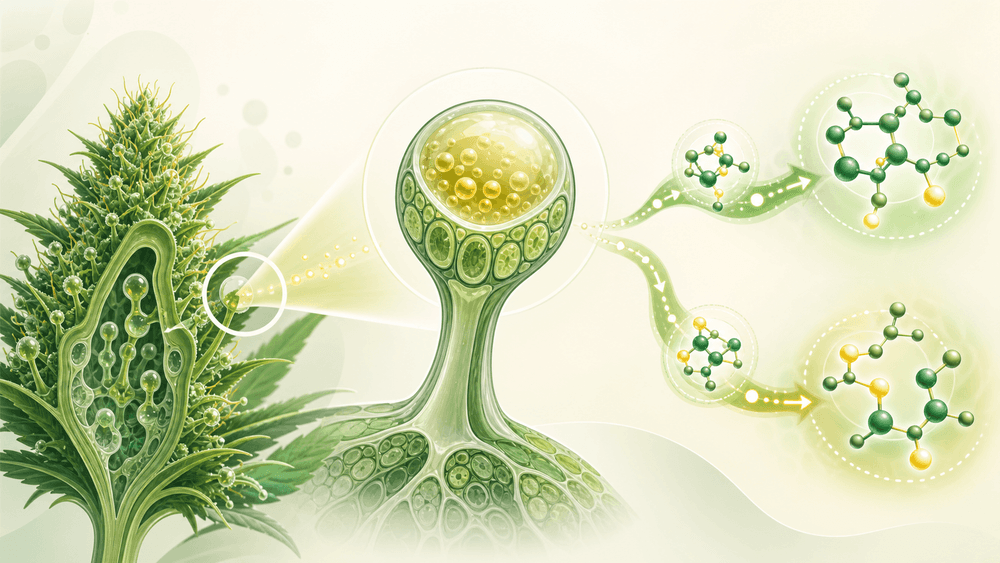 Biossíntese dos canabinoides: dos tricomas e do CBGA às formas precursoras de CBD e THC.