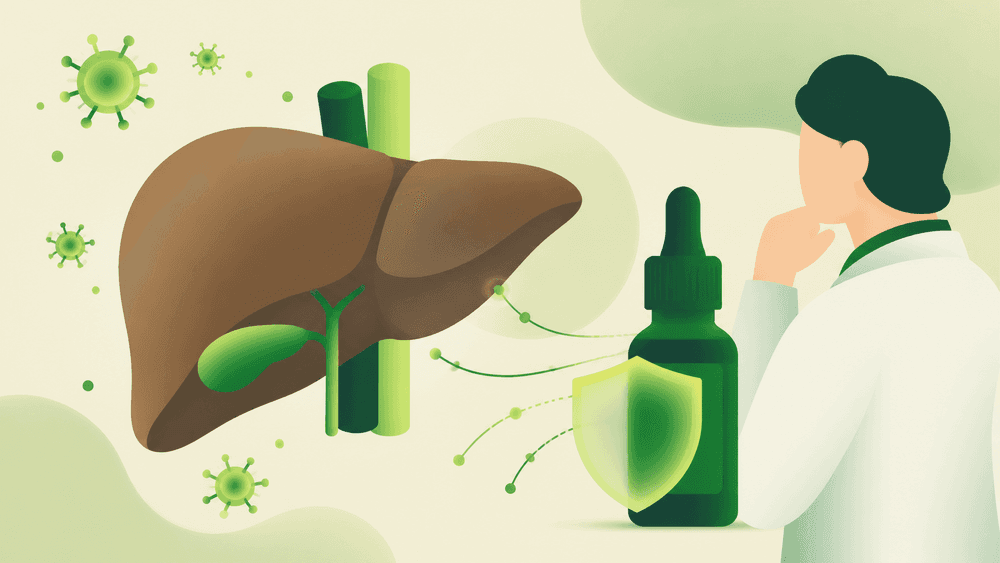 Ilustração de um fígado, partículas virais abstratas, frasco de óleo medicinal e profissional de saúde.