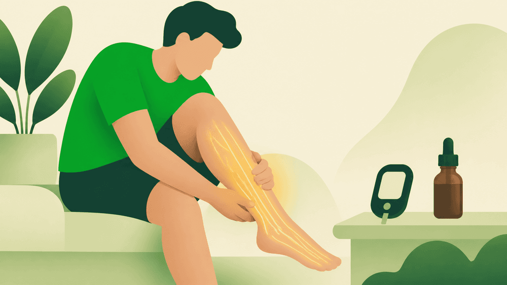 Ilustração de uma pessoa tocando o pé, com nervos periféricos destacados e um frasco de óleo de CBD ao lado.