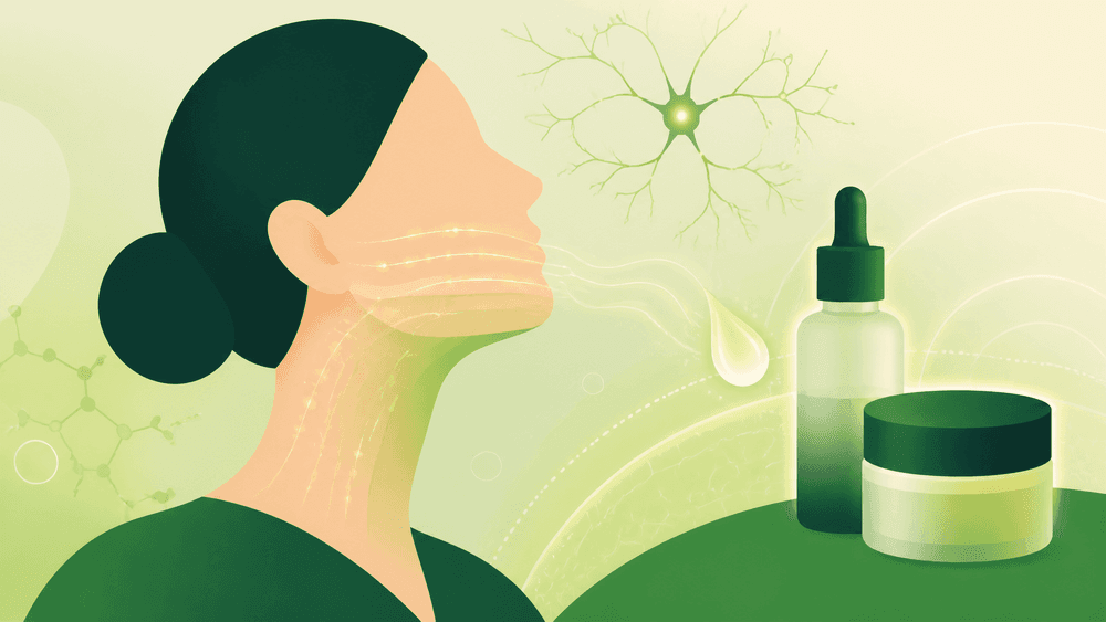 Ilustração de perfil humano com sinais neurais na pele, sérum e creme cosmético.