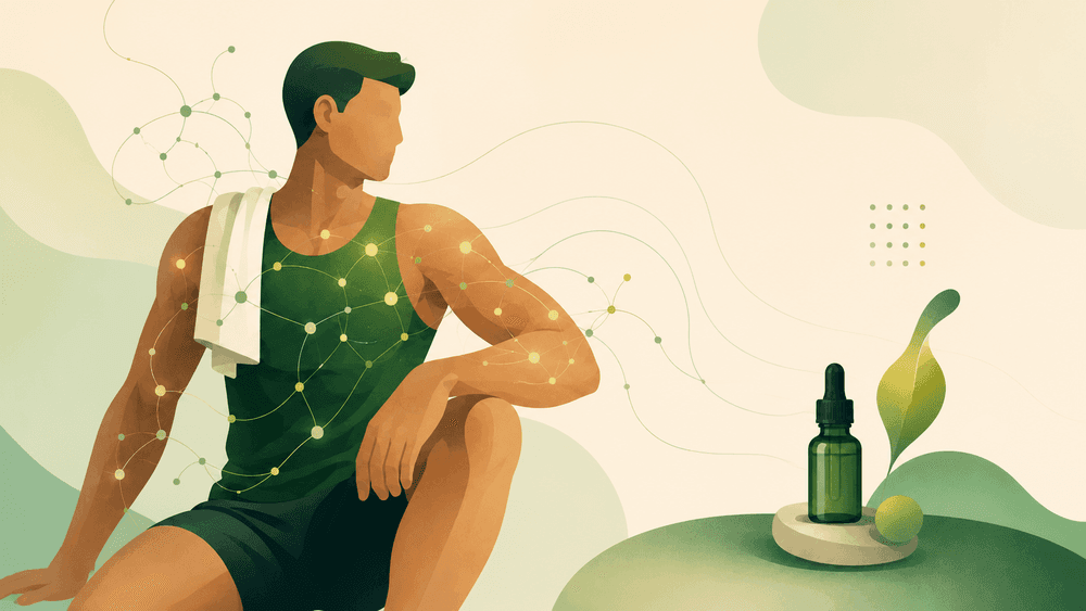 Atleta em recuperação com uma rede abstrata representando a comunicação do sistema endocanabinoide e um frasco de óleo de CBD ao lado.