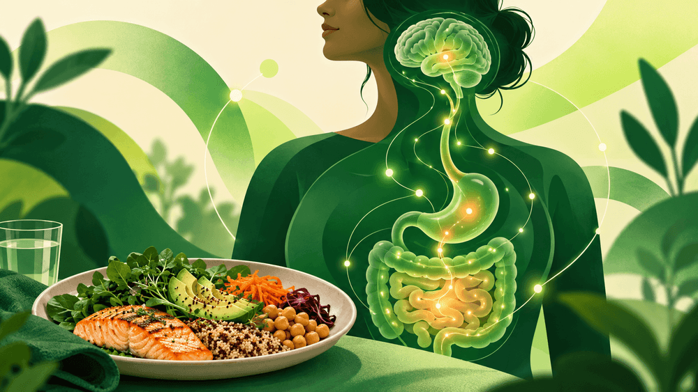 Ilustração da comunicação entre cérebro e sistema digestivo, com uma refeição em primeiro plano.