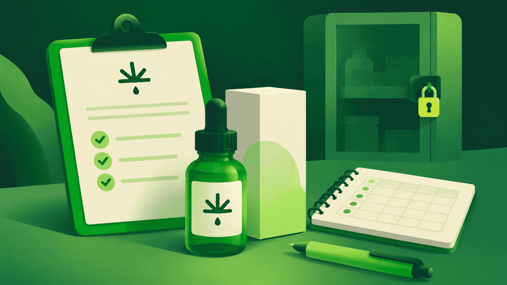 Frasco fechado de óleo medicinal ao lado de prescrição e diário de acompanhamento, com armário trancado ao fundo.