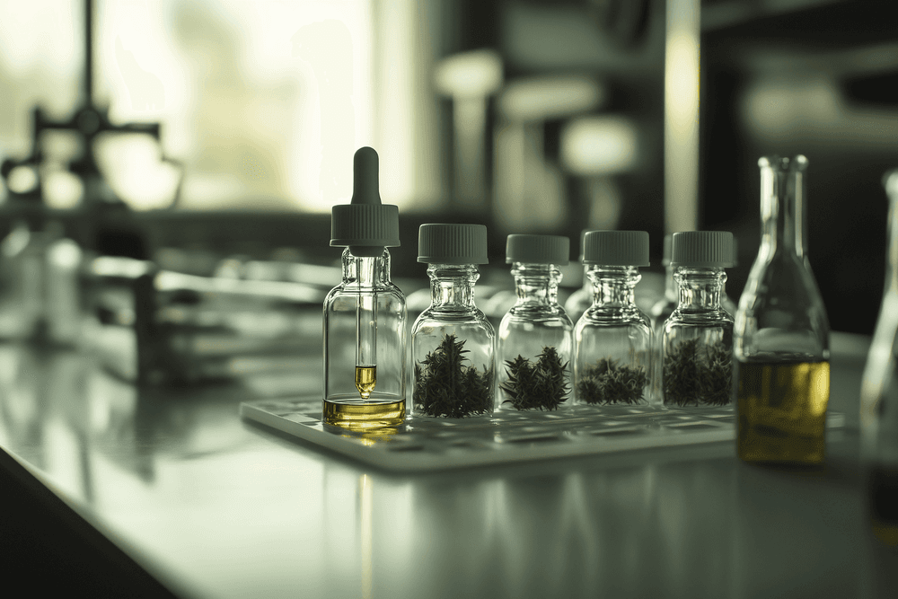 Frascos com terpenos e extratos de cannabis em laboratório, representando seus benefícios e aplicações.