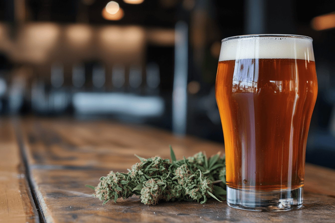 Copo de cerveja com terpenos ao lado de flores de cannabis sobre uma mesa de madeira.